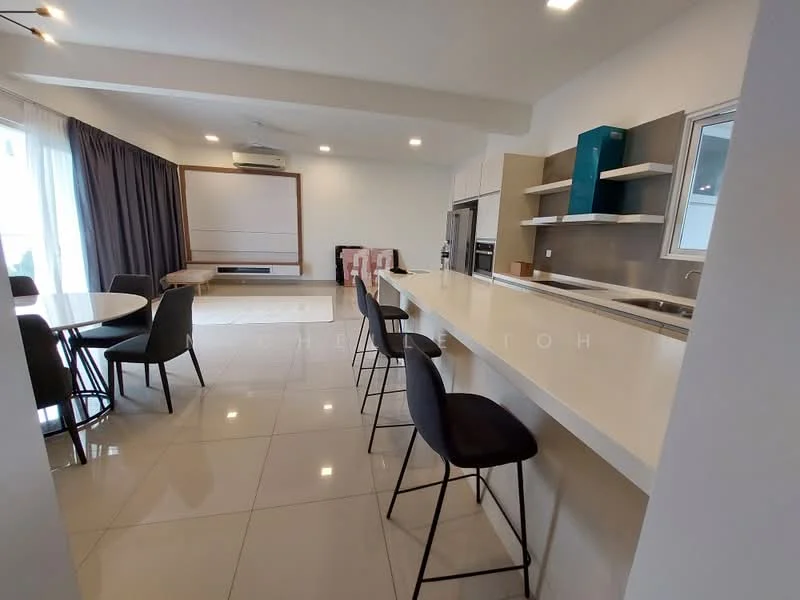 Kitchen features: white quartz countertop, stainless-steel sink, chrome pull-down faucet, built-in oven, freestanding range oven, stainless-steel refrigerator, white cabinetry, bar seating with high stools, pendant lighting, floor-to-ceiling windows, sliding glass door, grey accent wall, ceramic tile flooring, ceiling-mounted air conditioning unit; style: modern; view: garden. Dining features: round dining table, upholstered dining chairs, decorative wall art; style: modern; view: garden.
