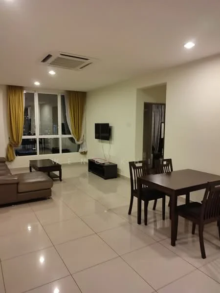 Living features: cream painted walls, glossy tile flooring, 5-blade ceiling fan with light, floor-to-ceiling windows, sheer curtains, sofa in beige, coffee table, wall-mounted TV, TV console in black, dining table for 4, 4 dining chairs, decorative wall art; style: modern; view: city.