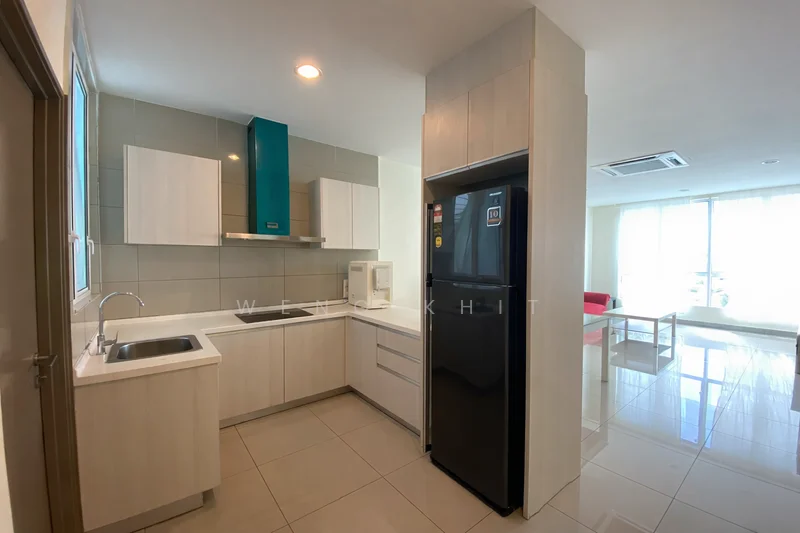 Kitchen features: single-bowl stainless-steel sink, chrome pull-down faucet, white shaker cabinets, quartz countertop, built-in microwave, stainless-steel fridge, ceramic tile flooring, grey tiled backsplash, recessed downlights, floor-to-ceiling windows, open layout to living area; style: modern. Living features: sofa in red, coffee table, TV console, area rug, floor-to-ceiling windows, ceramic tile flooring; style: modern.