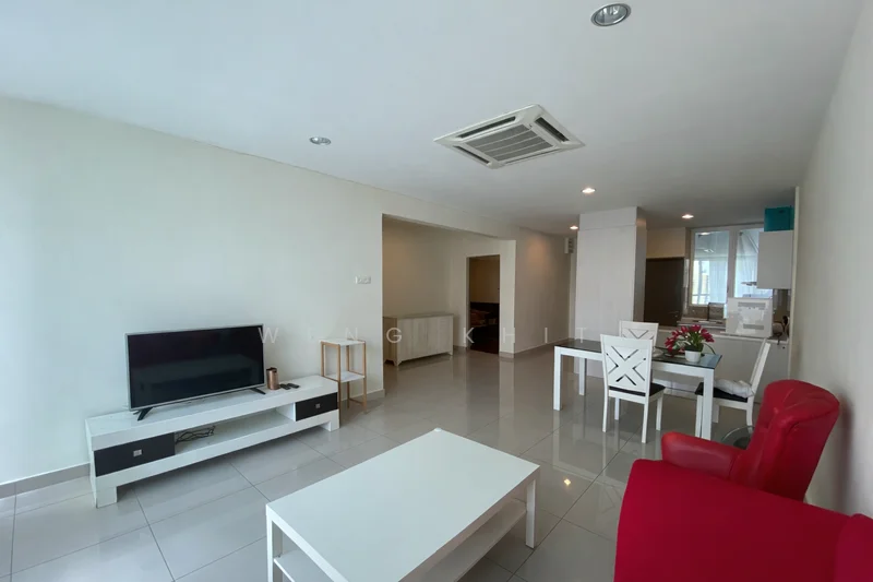 Living features: white painted walls, glossy tile flooring, ceiling-mounted air conditioning unit, wall-mounted TV, white coffee table, red armchair, white dining table with chairs, open layout to kitchen, natural light from windows; style: modern. Kitchen features: dark cabinetry, stainless-steel appliances, countertop with bar seating, open layout to living area; style: modern.