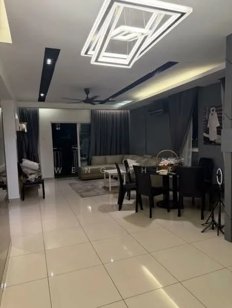 Living features: large sectional sofa in beige, black dining table with chairs, modern chandelier with geometric design, recessed ceiling lights, floor-to-ceiling windows, grey curtains, white tiled flooring, wall-mounted air conditioning unit, decorative wall art, area rug with geometric pattern; style: modern.