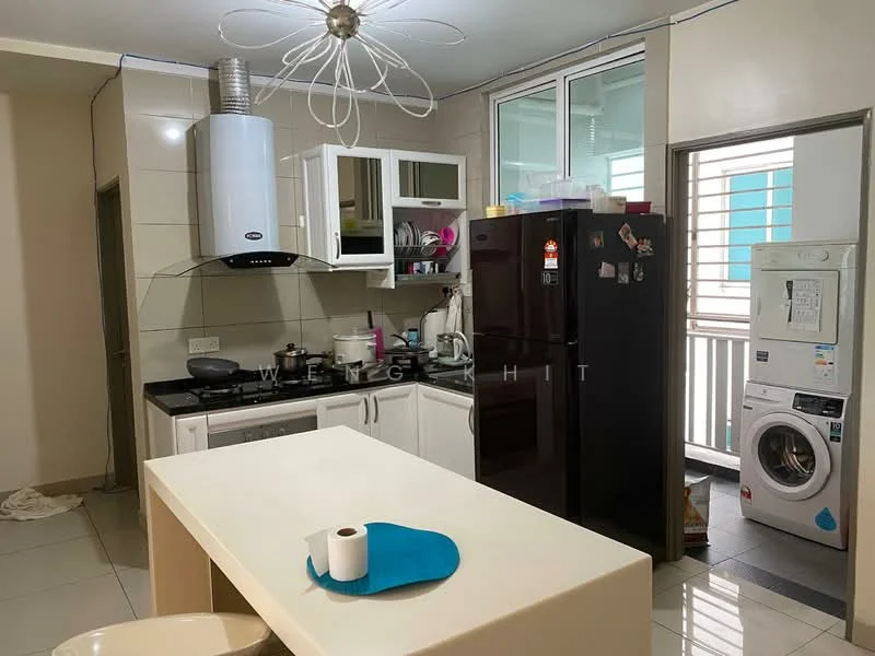 Kitchen features: white cabinetry, black countertop, stainless-steel sink, chrome pull-down faucet, built-in oven, freestanding range oven, stainless-steel range hood, black refrigerator, white washing machine, tile flooring, pendant light, window with view to balcony, bar seating area; style: modern.