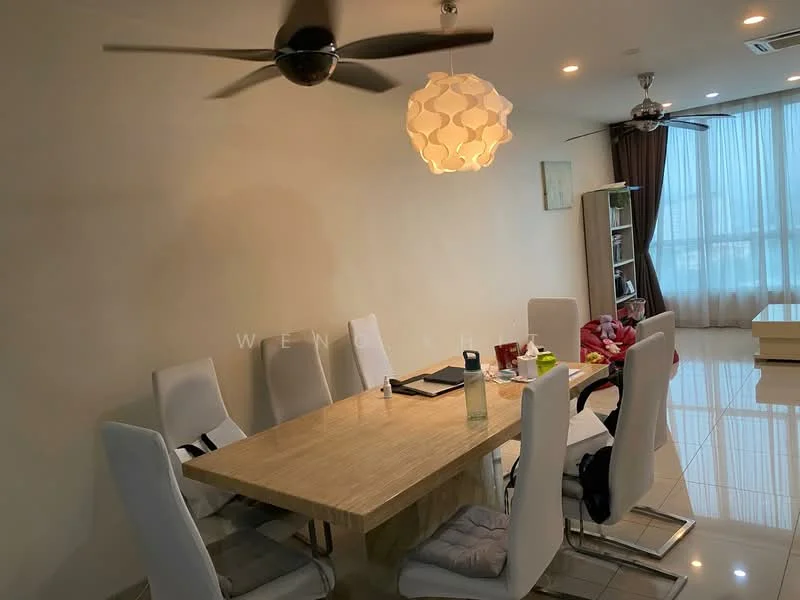 Dining features: rectangular dining table with light wood surface, 6 upholstered dining chairs in white, pendant lamp with a round, textured shade, 2 ceiling fans with light, large window with sheer curtains, polished tile flooring, decorative wall art, open shelving unit, decorative items on the table; style: modern; view: city.