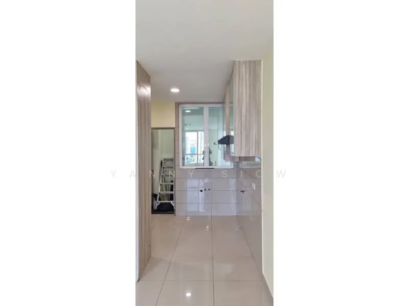 Room features: glossy ceramic tile flooring, light beige painted walls, built-in cabinetry with wood finish, wall-mounted lighting, large window providing natural light, open space layout, neutral color palette, recessed ceiling lights; style: modern.