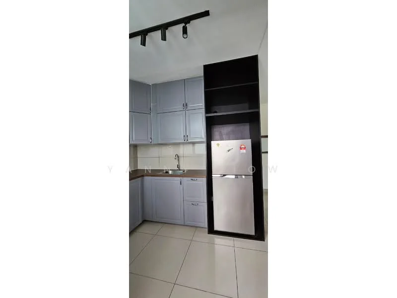 Kitchen features: grey cabinetry, stainless-steel fridge, single-bowl stainless-steel sink, chrome pull-down faucet, laminate countertop, tile backsplash, under-cabinet lighting, open shelving, ceramic tile flooring, track lighting; style: modern.