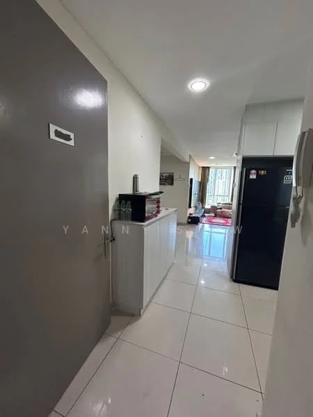 Room features: white walls, glossy tile flooring, recessed downlights, solid door, fridge, open layout, window with natural light, neutral decor; style: modern.