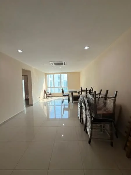Living features: cream painted walls, glossy ceramic tile flooring, recessed downlights, 1 wall-mounted split AC, floor-to-ceiling windows, dining table, stacked dining chairs, wooden chair, natural light from windows; style: modern; view: city.
