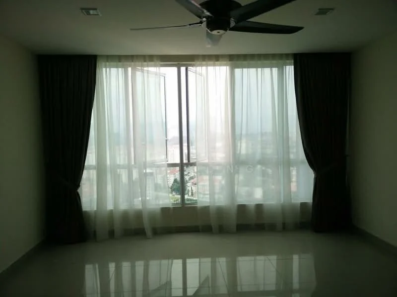 Room features: floor-to-ceiling windows, sheer curtains, blackout curtains, 5-blade ceiling fan, glossy tile flooring, neutral painted walls, city view; style: modern; view: city.