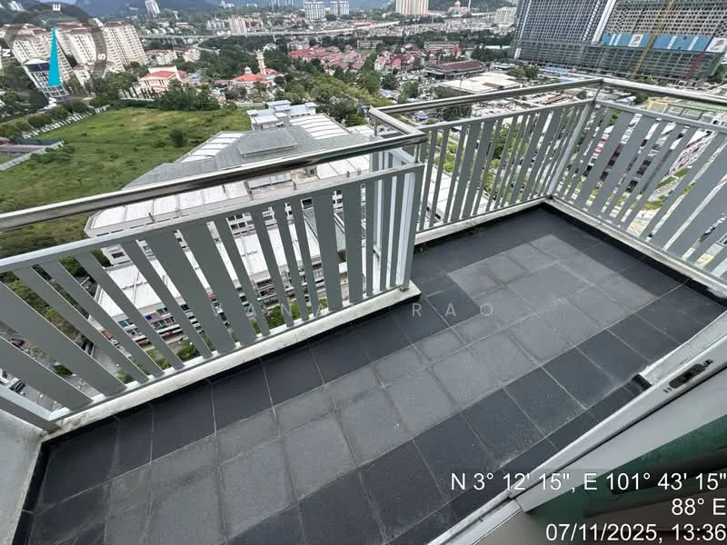 Room features: balcony, metal railing, grey tiled flooring, city view, surrounding greenery; view: city.
