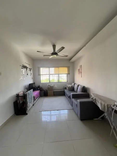 Living features: 3-seater fabric sofa in grey, ceiling fan, white painted walls, tile flooring, window with sheer curtains, area rug, TV console, decorative wall art, ironing board, side table; style: modern.