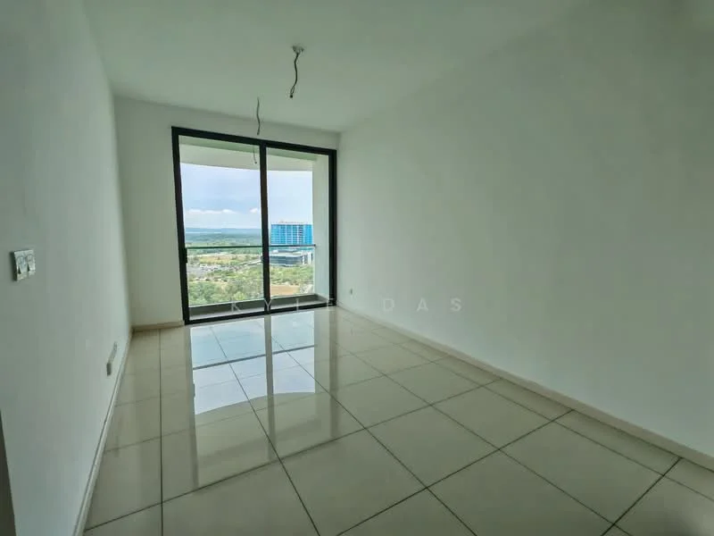Room features: white painted walls, glossy ceramic tile flooring, floor-to-ceiling windows, sliding glass door, city view, ceiling light fixture, unfurnished space, neutral color palette; style: modern; view: city.