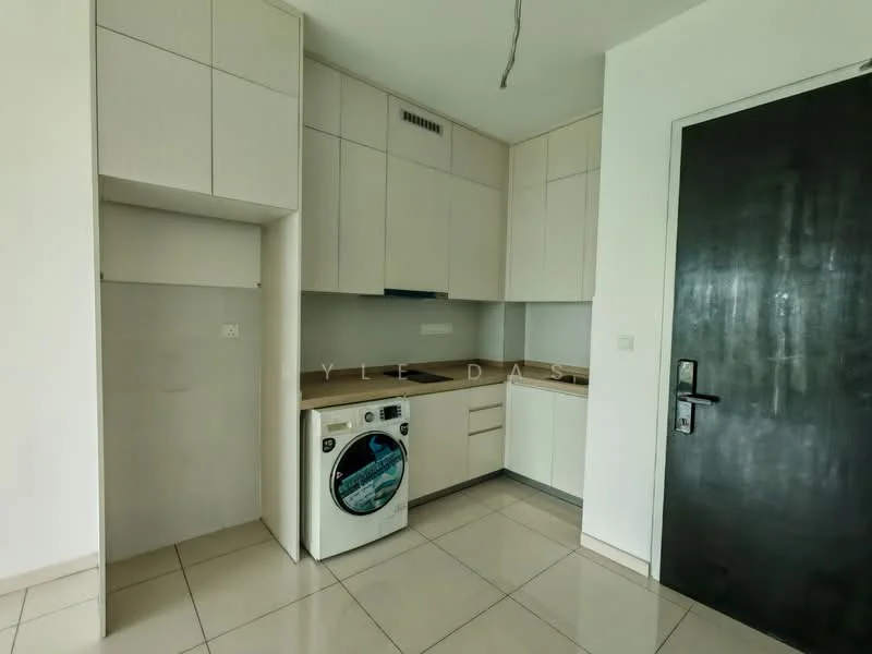 Kitchen features: white flat-panel cabinets, single-bowl stainless-steel sink, chrome pull-down faucet, built-in oven, stainless-steel washing machine, ceramic tile backsplash, grey countertop, white walls, tile flooring, recessed downlights; style: modern.
