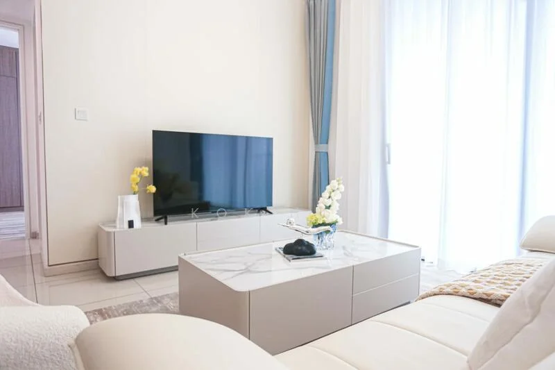 Living features: white painted walls, marble tile flooring, floor-to-ceiling windows, sheer curtains, light grey sofa, coffee table with marble top, TV console in light grey, wall-mounted TV, decorative flowers in vase, decorative items on coffee table; style: modern.