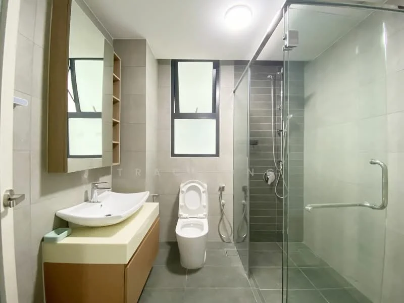 Bathroom features: single-sink vanity with wood cabinet, chrome basin mixer faucet, framed mirror, one-piece toilet, walk-in shower with glass enclosure, handheld shower, tile cladding on walls, grey ceramic tile flooring, recessed downlights, built-in shelving, window for natural light; style: modern.