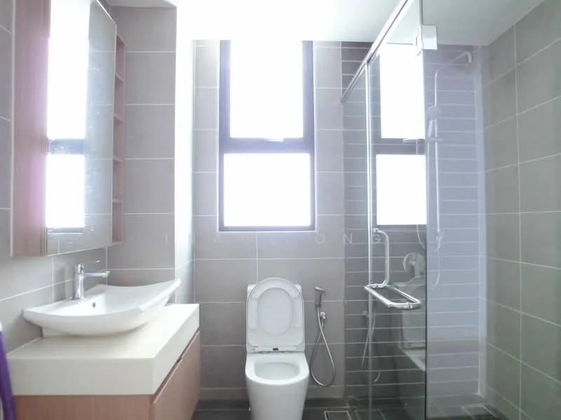 Bathroom features: single-sink vanity with wood cabinet, white countertop, framed mirror, one-piece toilet, walk-in shower with glass enclosure, chrome handheld shower, tile cladding on walls, grey floor tiles, window for natural light; style: modern.