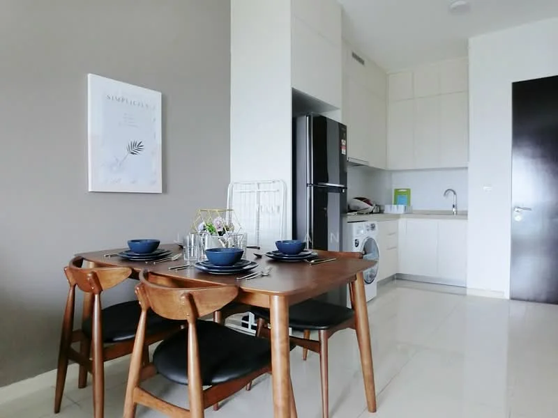 Dining features: wooden dining table, 4 dining chairs, ceramic plates, cutlery, framed artwork on wall, white cabinetry, stainless-steel fridge, front-load washing machine, single-bowl stainless-steel sink, chrome pull-down faucet, white countertop, cream painted walls, tile flooring, recessed downlights; style: modern. Kitchen features: white cabinetry, stainless-steel fridge, front-load washing machine, single-bowl stainless-steel sink, chrome pull-down faucet, white countertop, tile flooring; style: modern.