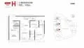 Floor plan: 3-bedroom 2-bathroom unit; features: open-plan kitchen-dining-living, master bedroom with ensuite bathroom, balcony off living room, utility room, laundry area, central foyer, 2 car porch, 1,200 sqft built-up.