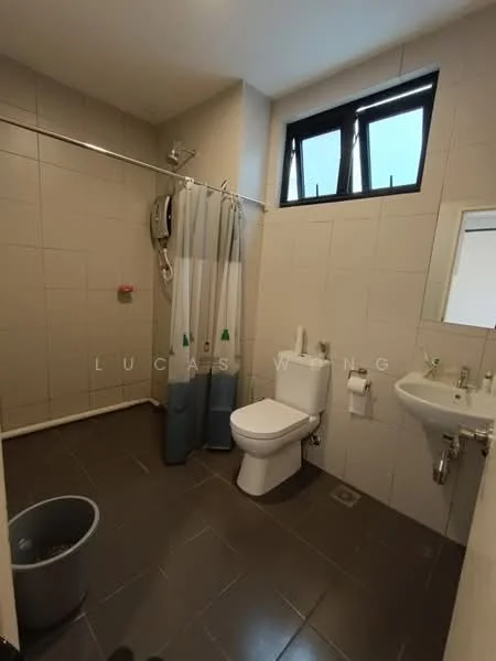Bathroom features: grey tiled walls, light grey tiled flooring, one-piece toilet, sink with chrome faucet, mirror above sink, shower area with curtain, wall-mounted water heater, window for natural light, towel holder, toilet paper holder, waste bin; style: modern.