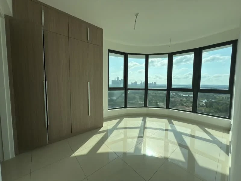 Bedroom features: built-in wardrobe with wood finish, floor-to-ceiling windows, city skyline view, cream painted walls, glossy porcelain tile flooring, recessed ceiling lights, curved wall design, natural light from windows; style: modern; view: city.
