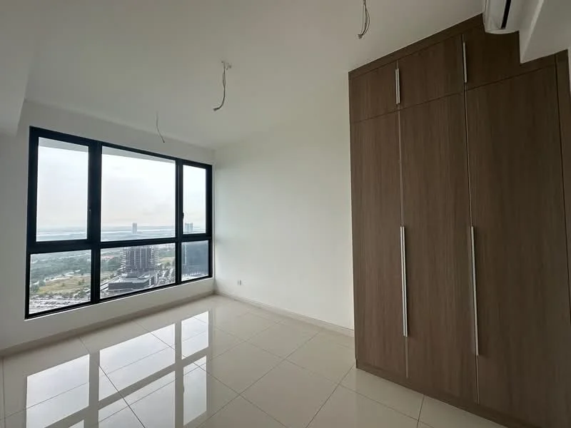 Bedroom features: floor-to-ceiling windows, white painted walls, glossy ceramic tile flooring, built-in wardrobe with wood finish, two hanging light fixtures, city view, no visible furniture; style: modern; view: city.