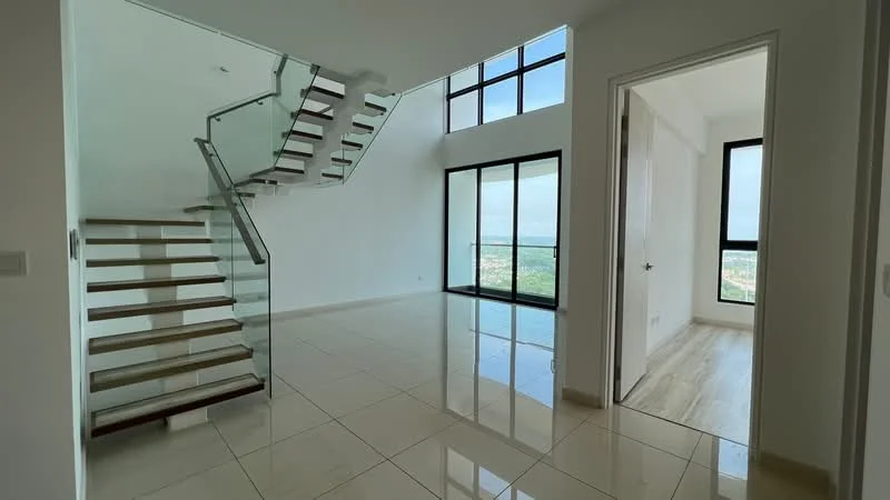 Room features: glass railing staircase, large floor-to-ceiling windows, white painted walls, glossy tile flooring, open space layout, natural light, city view, neutral color palette; style: modern; view: city.