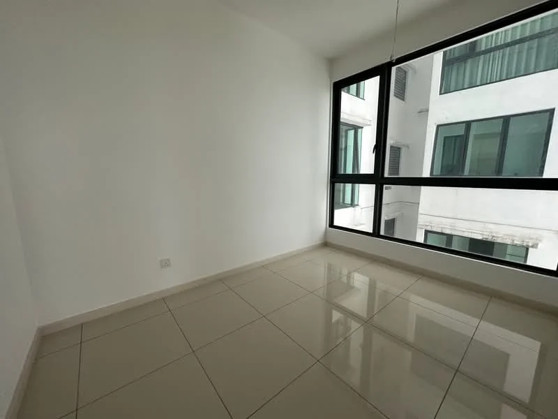 Room features: white painted walls, glossy ceramic tile flooring, large floor-to-ceiling windows, natural light from window, minimalist design, no visible furniture, neutral color scheme, single ceiling light fixture; style: modern.
