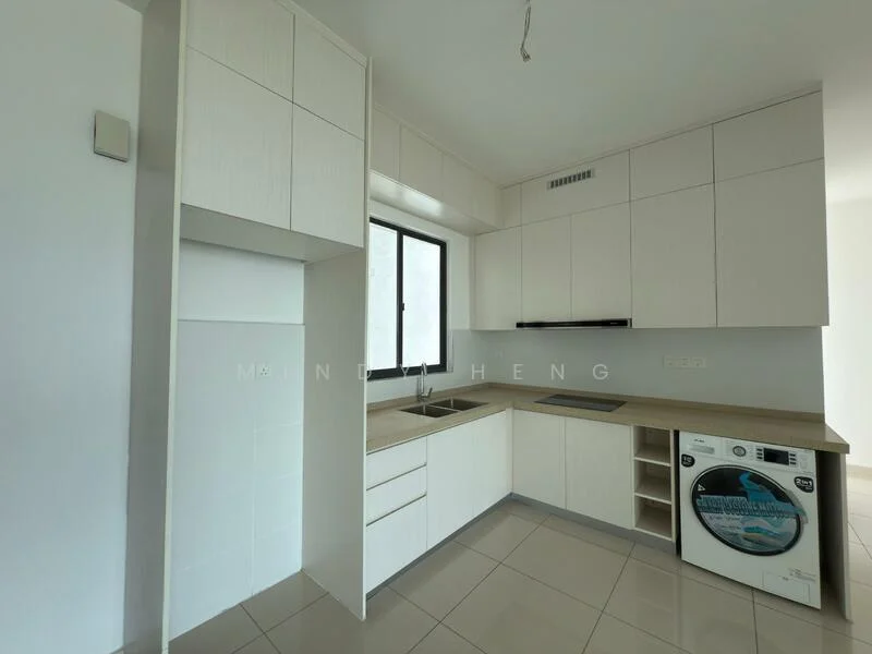 Kitchen features: white cabinetry, laminate countertop, single-bowl stainless-steel sink, chrome pull-down faucet, built-in oven, ceramic cooktop, refrigerator, washing machine, tile flooring, window with black frame, light fixture, neutral wall color; style: modern.