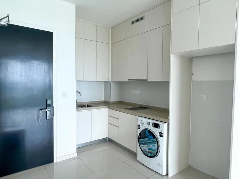 Kitchen features: white cabinetry, light grey countertop, single-bowl stainless-steel sink, chrome pull-down faucet, built-in oven, 4-burner gas hob, washing machine, tile backsplash, ceramic tile flooring, recessed downlights, floor-to-ceiling cabinets, dark wooden door; style: modern.