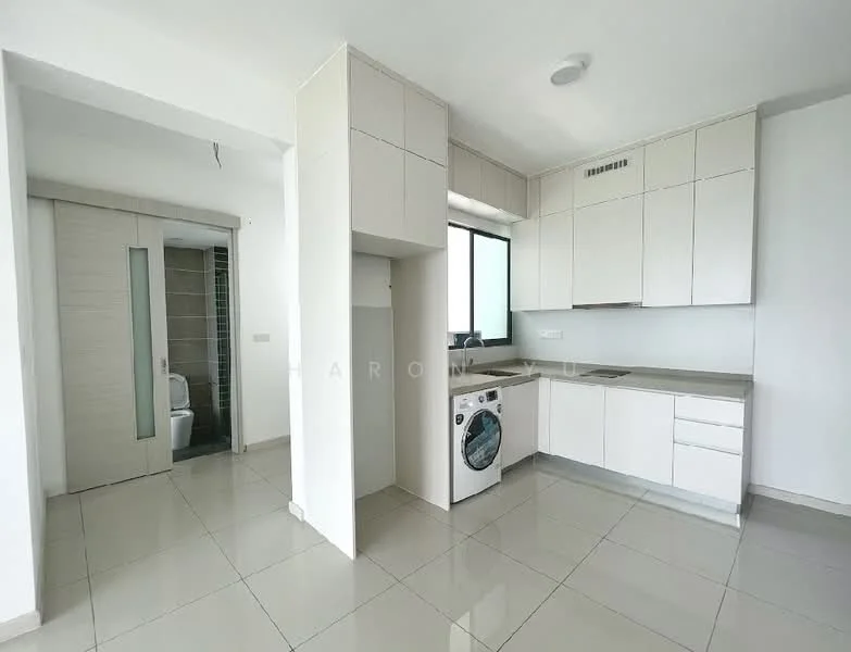 Kitchen features: white cabinetry, grey countertop, stainless-steel sink, built-in oven, freestanding washing machine, ceramic tile flooring, window with natural light, recessed downlights; style: modern. Room features: door leading to bathroom, neutral wall color, ceramic tile flooring.