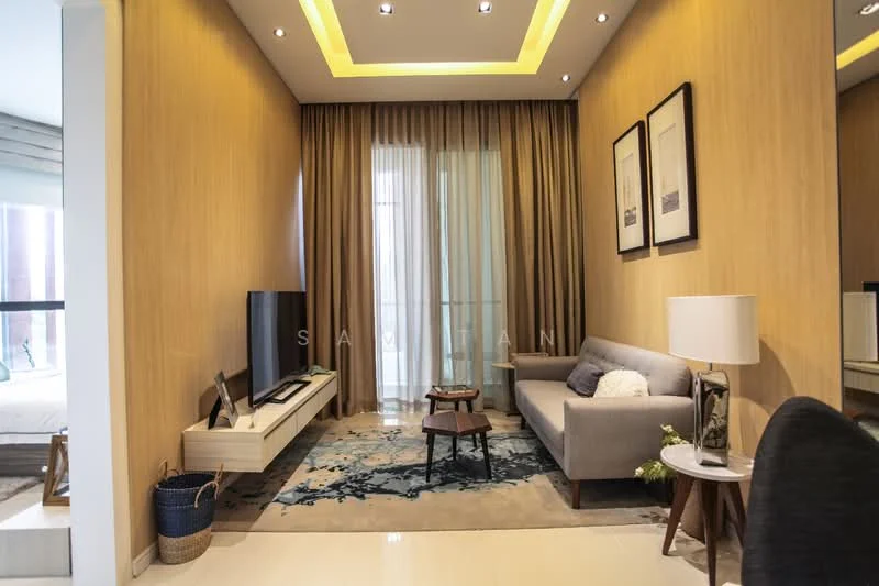 Living features: grey fabric sofa, wooden coffee table, area rug with abstract pattern, wall-mounted TV, white TV console, floor-to-ceiling windows, sheer curtains, recessed downlights, tray ceiling with LED lighting, decorative wall art, wood panel accent wall, laminate flooring; style: modern.