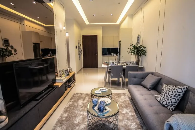 Living features: grey fabric sofa, coffee table with metallic base, area rug with soft texture, wall-mounted TV, TV console with storage, decorative wall art, recessed ceiling lights, crown moulding, floor-to-ceiling windows, dining table with four chairs, plants in ceramic pots, open layout to kitchen, neutral wall colour, light-coloured flooring; style: modern.