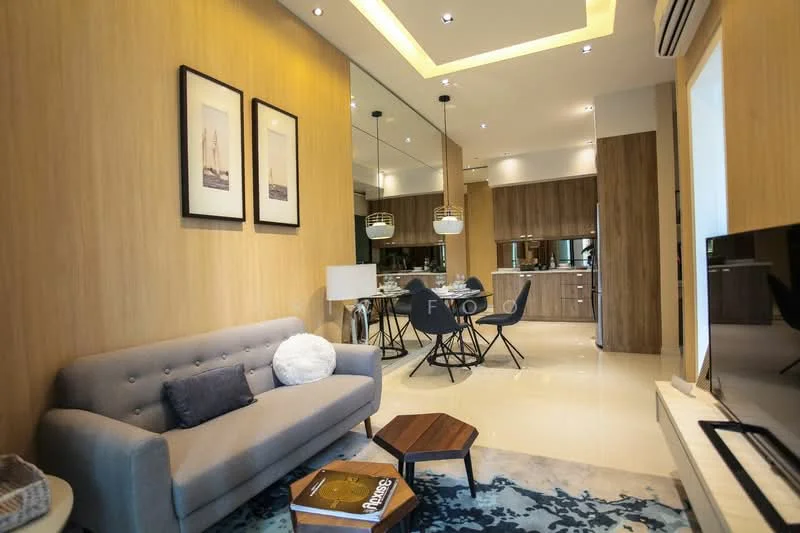Living features: grey fabric 3-seater sofa, wooden coffee table, area rug with geometric pattern, wall-mounted TV, decorative wall art, recessed downlights, ceiling with tray design, large mirror reflecting light, white walls, cream tiled flooring; style: modern. Dining features: round dining table, 4 upholstered dining chairs, pendant lighting above table, wooden cabinetry in background; style: modern. Kitchen features: wooden cabinetry, stainless-steel appliances, open-plan layout, countertop with bar seating; style: modern.