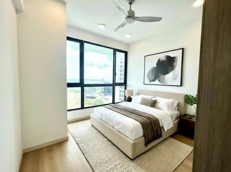 Bedroom features: king-size bed with upholstered headboard, white bedding with brown throw blanket, 2 bedside tables, table lamps on each bedside table, area rug with natural texture, large floor-to-ceiling windows, city view, ceiling fan with light, wall-mounted artwork, light wood flooring, neutral painted walls; style: modern; view: city.