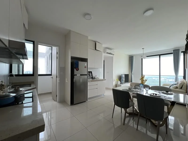 Kitchen features: white cabinetry, stainless-steel fridge, built-in oven, 4-burner gas hob, granite countertop, single-bowl stainless-steel sink, chrome pull-down faucet, ceramic tile flooring, recessed downlights, window with city view; style: modern; view: city. Dining features: 6-seater dining table, upholstered dining chairs, decorative vase on table, natural light from window; style: modern; view: city. Living features: sofa, coffee table, TV console, wall-mounted TV, large window with city view, curtains, area rug; style: modern; view: city.