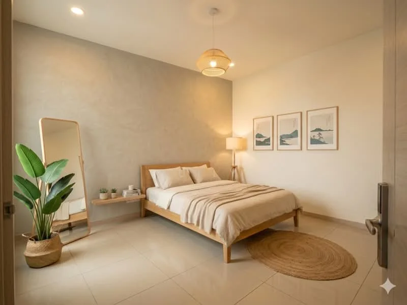 Bedroom features: king-size bed with white bedding, wooden bed frame, decorative wall art with landscape prints, floor-to-ceiling mirror, wooden bedside table, table lamp with warm light, potted plant in woven basket, round jute area rug, smooth tiled flooring, textured accent wall in light grey, ceiling light fixture with pendant design; style: modern.