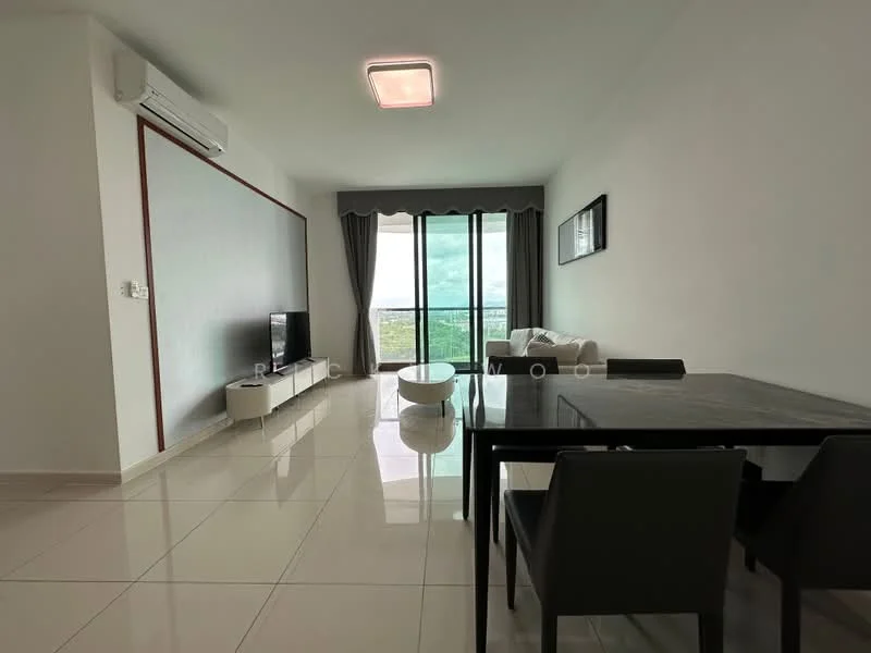 Living features: white painted walls, glossy tile flooring, floor-to-ceiling windows, grey curtains, wall-mounted TV, white TV console, black dining table, 4 black dining chairs, sofa in light color, ceiling-mounted air conditioning unit, recessed ceiling lights; style: modern; view: city.