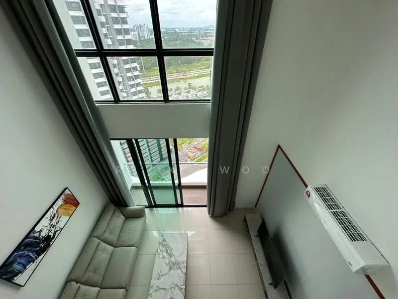Living features: floor-to-ceiling windows, grey fabric sofa, marble coffee table, wall-mounted TV cabinet, 1 wall-mounted split AC, white painted walls, light-colored tile flooring, decorative artwork on wall, curtains, view of city skyline; style: modern; view: city.