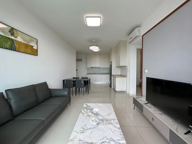 Living features: 3-seater fabric sofa in dark grey, marble coffee table with grey veining, wall-mounted TV, TV console, dining table for 4, white painted walls, recessed ceiling lights, floor-to-ceiling windows, glossy tile flooring, air conditioning unit; style: modern; view: city. Kitchen features: white cabinetry, granite countertop, built-in oven, stainless-steel sink, chrome pull-down faucet, ceramic tile backsplash, refrigerator, stove, microwave; style: modern.