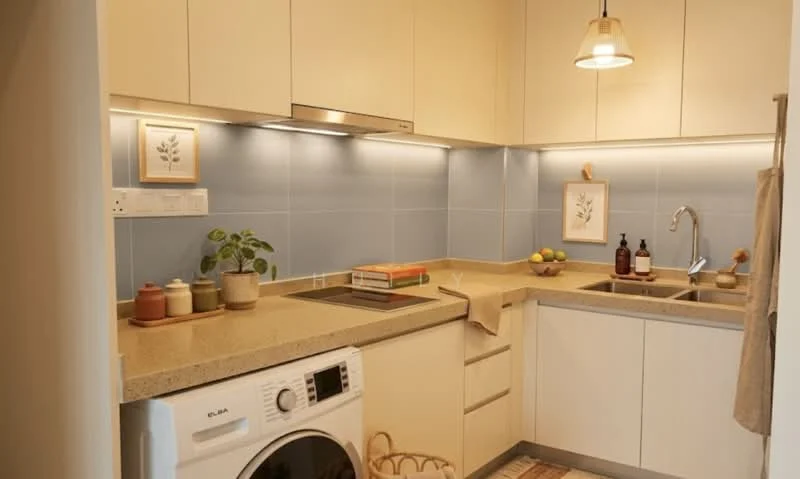 Kitchen features: light wood cabinetry, beige countertop, blue tiled backsplash, single-bowl stainless-steel sink, chrome pull-down faucet, built-in stove with hood, white washing machine, pendant light fixture, decorative wall art, houseplant in ceramic pot, fruit bowl with lemons, kitchen towel, basket for storage; style: modern.