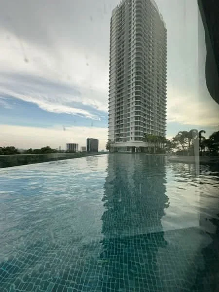 Exterior type: high-rise condominium; features: infinity pool, pool deck with loungers, glass curtain wall, surrounded by palm trees, manicured landscaping, city skyline in background; style: modern.