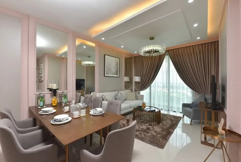 Living features: cream painted walls, white ceiling with recessed downlights, chandelier, floor-to-ceiling windows with sheer curtains, light brown area rug, 3-seater fabric sofa in light grey, decorative cushions on sofa, wooden coffee table, TV console with wall-mounted TV, mirrored wall panels, dining table with 6 grey upholstered chairs, decorative fruit bowl on dining table, decorative vases on table, wall art, curtains in dark brown; style: modern; view: city.