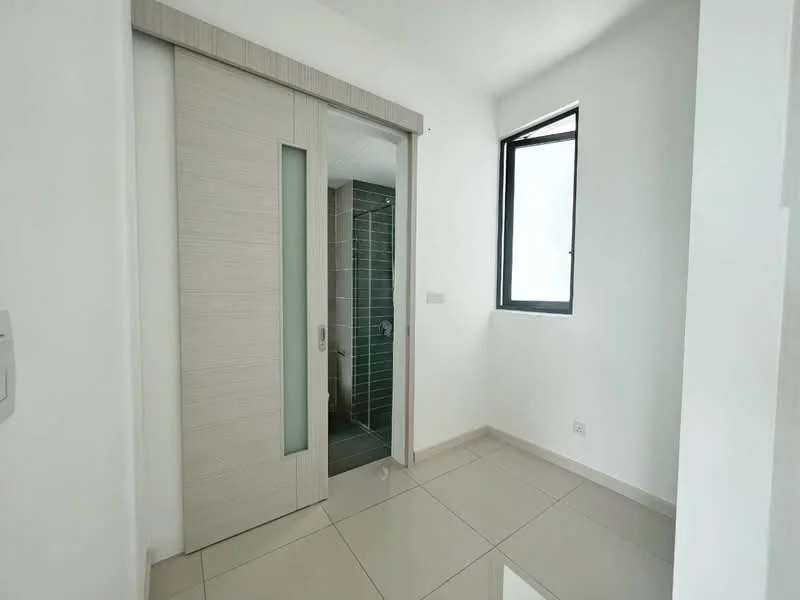 Room features: sliding door with glass panels, white painted walls, large window, grey tiled flooring, modern bathroom door, neutral color scheme, recessed lighting, corner location; style: modern.