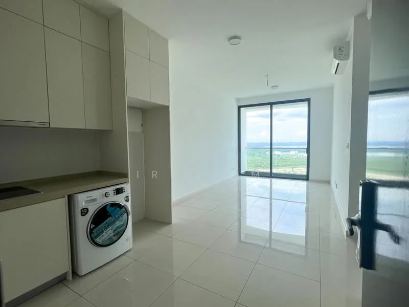 Room features: white painted walls, glossy tile flooring, floor-to-ceiling windows, view of greenery, built-in kitchen cabinetry, kitchen countertop, washing machine, recessed lighting, air conditioning unit; style: modern; view: garden.