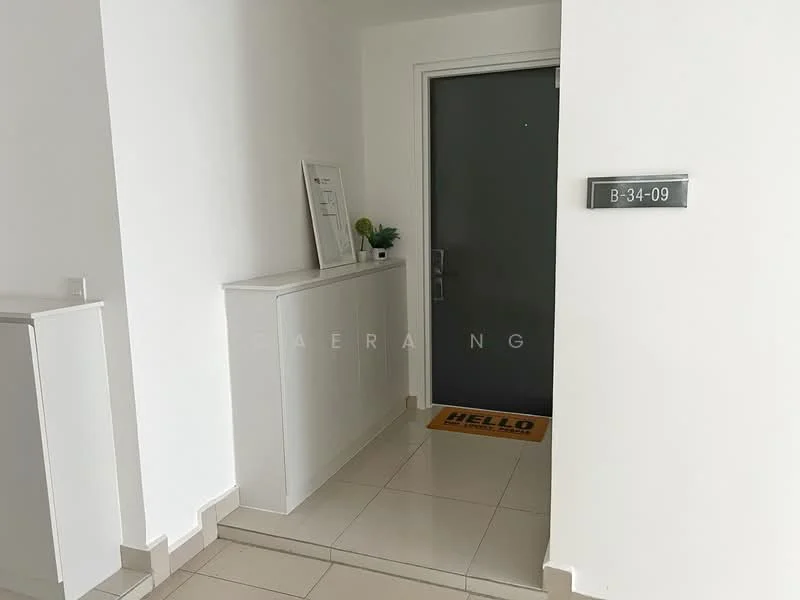 Room features: white painted walls, cream tiled flooring, grey door, number plaque on door, welcome mat, small plant on console table, console table with storage, light switch; style: modern.