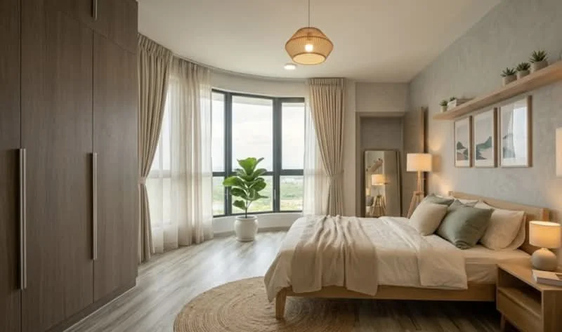 Bedroom features: king-size bed with white bedding, upholstered headboard, wooden bedside tables, table lamps with warm light, built-in wardrobe with wood finish, large floor-to-ceiling windows, sheer curtains, decorative wall shelves with plants, area rug with circular shape, wooden flooring, wall-mounted artwork, green indoor plant in a white pot; style: modern; view: city.