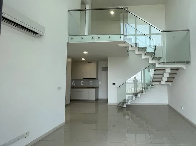 Living features: white painted walls, glossy tile flooring, exposed staircase with wooden treads, glass railing, wall-mounted air conditioning unit, recessed ceiling lights, open layout to kitchen, large windows for natural light; style: modern; view: city. Kitchen features: white cabinetry, built-in kitchen appliances, countertop with overhang for seating, under-cabinet lighting; style: modern.