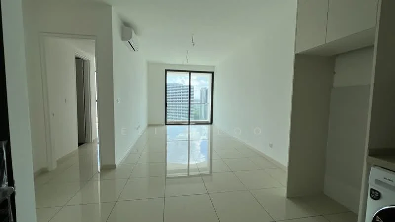 Living features: white painted walls, glossy ceramic tile flooring, floor-to-ceiling windows, city view, 1 wall-mounted split AC, recessed downlights, open layout, neutral color scheme; style: modern; view: city.
