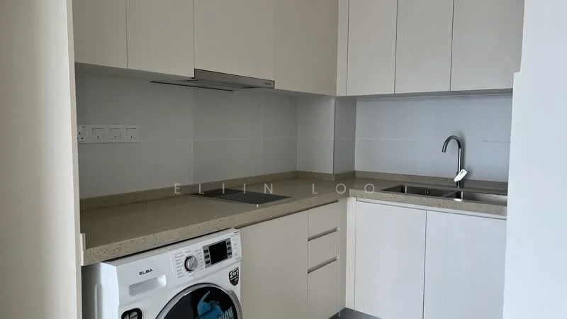 Kitchen features: white cabinetry, granite countertop, stainless-steel sink, chrome pull-down faucet, built-in oven, 4-burner gas hob, under-cabinet lighting, washing machine, tile backsplash, light grey wall tiles, neutral wall colour, open shelving; style: modern.
