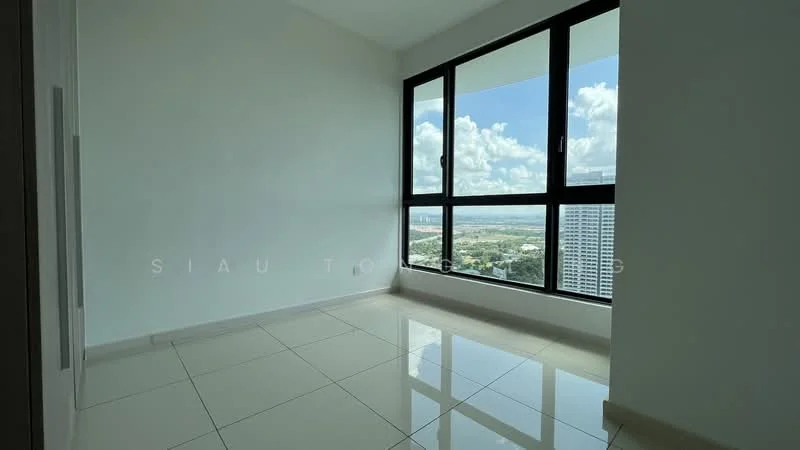 Room features: white painted walls, glossy tile flooring, floor-to-ceiling windows, city view, natural light, minimalist design; style: modern; view: city.