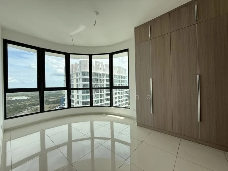 Room features: large curved floor-to-ceiling windows, wooden cabinetry, glossy white tile flooring, neutral wall color, natural light from windows, view of city skyline, corner room layout, smooth ceiling; style: modern; view: city.